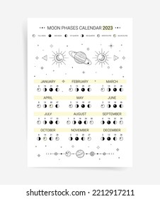 Planificador del calendario lunar de una página 2023. Modern Minimal lunar agenda calendario 2023 diseño de plantillas de afiches. Calendario y ciclos de las fases lunares para 2023 año.