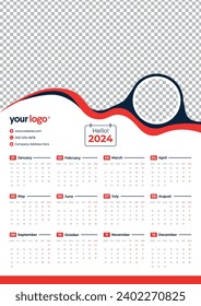 One page 2024 calendar with a modern design. Print ready vector for wall calendar template.