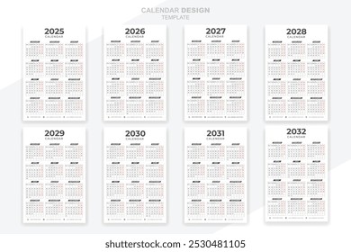 One page 2025 2032 years calendar Print ready set collection design