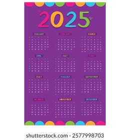 One page 2025 abstract wall calendar, January to December template vector design with vibrant color. Calendar page size 27.7 x 42
