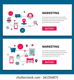 One page, banner web design template with thin line, flat icon of viral marketing company, digital marketing, content marketing, native ads, marketing SMM. Design site concept, website elements layout