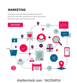 One page, banner web design template with thin line, flat icon of viral marketing company, digital marketing, content marketing, native ads, marketing SMM. Design site concept, website elements layout