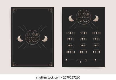 One page black lunar calendar 2022 year card. Modern boho moon calendar 2022 poster template design. Lunar phases schedule concept. Vector illustration background. Gothic monthly calendar.