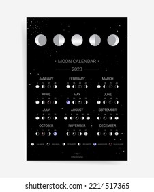 One page black moon calendar 2023 year card. Modern celestial lunar calendar 2023 poster template design. Lunar phases schedule concept. Vector illustration background. Astrology monthly calendar.	