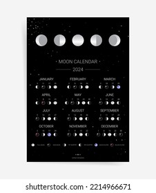 One page black moon calendar 2024 year card. Modern celestial lunar calendar 2024 poster template design. Lunar phases schedule concept. Vector illustration background. Astrology monthly calendar.	