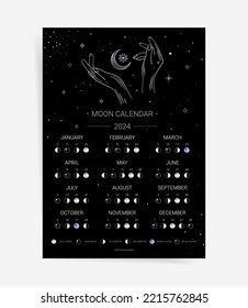 One page black moon calendar 2024 year card. Aesthetic astrology lunar calendar 2024 poster template design. Lunar phases schedule concept. Vector illustration background. Space boho moon calendar.	