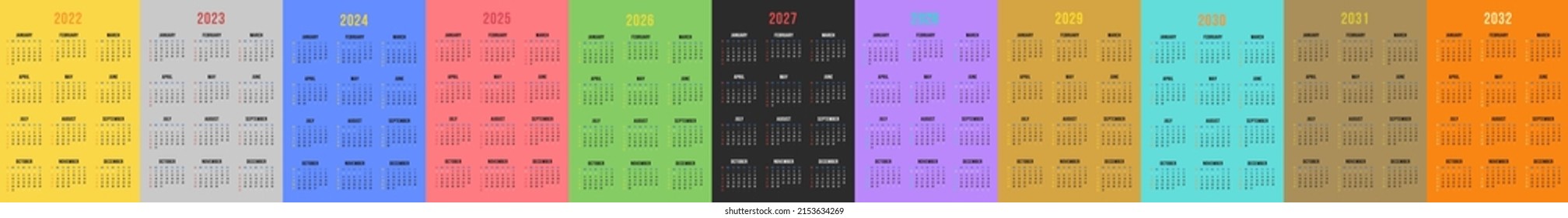 One Page Business calendars for 2023, 2024, 2025, 2026, 2027, 2028, 2029, 2030, 2031,2032 years. 12 months vertical calendar planners template design for 2023 year. Starts on Sunday.