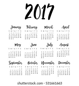 One page calendar 2017 design in minimalism style with hand written calligraphic months. Week starts from sunday. Vector illustration