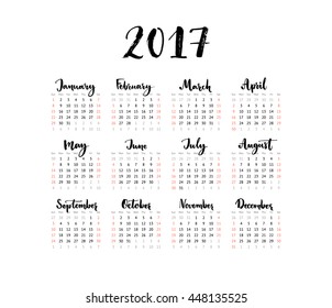 One page calendar 2017 with lettering months. Week starts Sunday. Simple and clean grid template. Vector design.