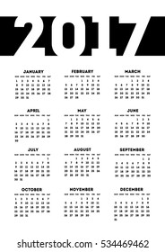 One page calendar 2017 in minimalism style. Week starts from sunday. Vector illustration