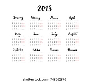 One Page Calendar 2018 Calligraphy Months Stock Vector (Royalty Free ...