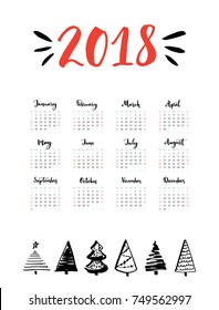 One page calendar 2018 with calligraphy months. Week starts from Sunday. Simple and clean grid template with hand drawn Christmas trees. Vector design