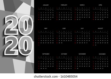 One Page Calendar 2020 Black Background