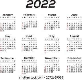 one page calendar 2022 VECTOR TEMPLATE