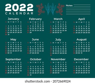 one page calendar 2022 VECTOR TEMPLATE