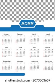 ONE PAGE CALENDAR 2022 VECTOR TEMPLATE SUNDAY STARTING