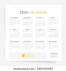 One Page Calendar 2024, Set of Calendars 2024 Sunday Start. Business Design Template Vector. Place for Photo and Company Logo.
