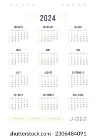 One Page Calendar 2024, Calendar 2024 Sunday Start. Business Design Template Vector.