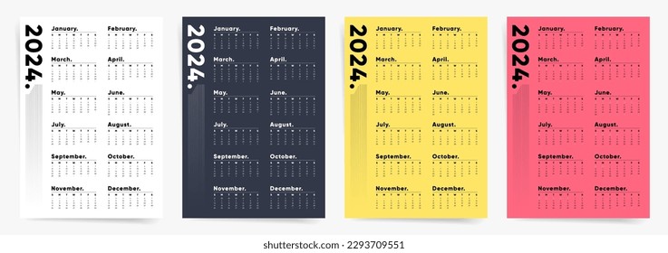 One Page Calendar 2024 Template Vector, Classic Minimal design, Week Starts Sunday, One Page Annual Design. 