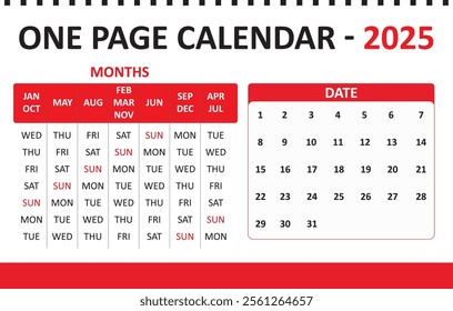 One Page Calendar 2025 Print Ready