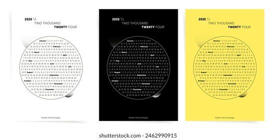 One Page Calendar 2025. Calendar templates 2025 for wall and desk use. Set of ready to print annual layouts. Modern minimal creative 2025 calendar.