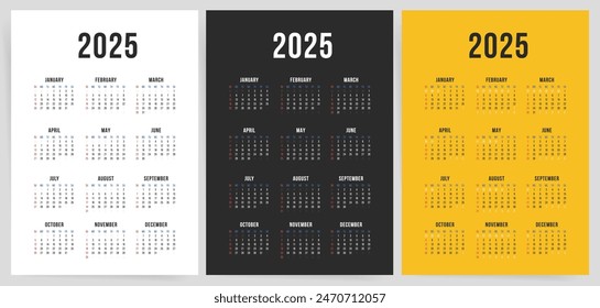 One Page Calendar 2025. Calendar templates 2025 for wall and desk use. Set of ready to print annual layouts. Business minimal modern 2025 calendar.	
