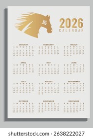 One Page Calendar 2026 with Horse Symbol of the Year. Vector Calendar 2026