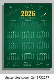 One Page Calendar 2026 for School. School Vector Calendar