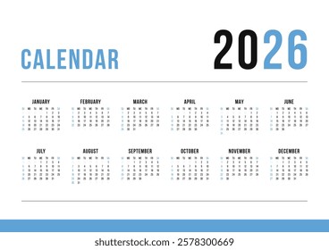 One Page Calendar 2026. Calendar template 2026 for wall and desk use. Ready to print or edit annual layout. Business minimal modern 2026 calendar.	