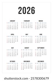 One Page Calendar 2026. Calendar template 2026 for wall and desk use. Ready to print or edit annual layout. Business minimal modern 2026 calendar.	