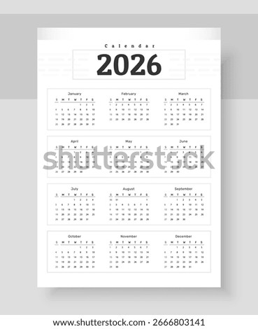 One Page Calendar 2026. Calendar template 2026 for wall and desk use. Business minimal modern 2026 calendar.