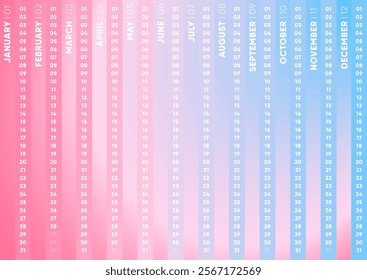 One Page Calendar Planner 2026, Modern Calendar 2026 Vertical Yearly Planner Gradient Pink to Blue Design Vector