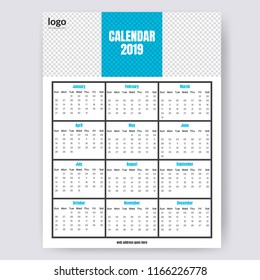 One Page Calender Design. Colorful Wall calendar Layout for 2019 years. Week starts from Sunday.