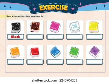 a one page of children exercise for book about colours. The icons colours could be edit.