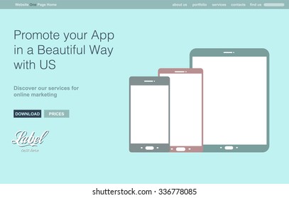Plantilla de sitio web moderno de una página transparente para un escaparate de aplicaciones con iconos de estilo plano de smartphone y tablets e espacio para texto.