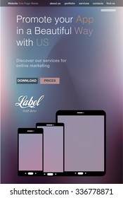 One Page Clear Modern Website template for an App showcase with smartphone and tablets flat style icons ans space for text.