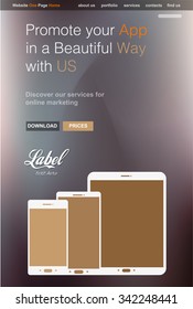 Plantilla de sitio web moderno de una página transparente para un escaparate de aplicaciones con iconos de estilo plano de smartphone y tablets e espacio para texto.
