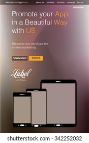 One Page Clear Modern Website template for an App showcase with smartphone and tablets flat style icons ans space for text.