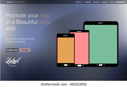 One Page Clear Modern Website template for an App showcase with smartphone and tablets flat style icons ans space for text.