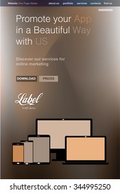 One Page Clear Modern Website template for an App showcase with smartphone and tablets flat style icons ans space for text.