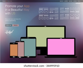 One Page Clear Modern Website template for an App showcase with smartphone and tablets flat style icons ans space for text.