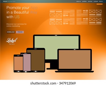 One Page Clear Modern Website template for an App showcase with smartphone and tablets flat style icons ans space for text.