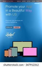 Plantilla de sitio web moderno de una página transparente para un escaparate de aplicaciones con iconos de estilo plano de smartphone y tablets e espacio para texto.