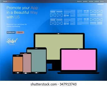 One Page Clear Modern Website template for an App showcase with smartphone and tablets flat style icons ans space for text.