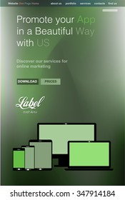 One Page Clear Modern Website template for an App showcase with smartphone and tablets flat style icons ans space for text.
