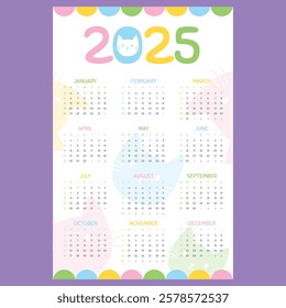 One page cute cat 2025 wall calendar, January to December template vector design with vibrant color. Calendar page size 27.7 x 42