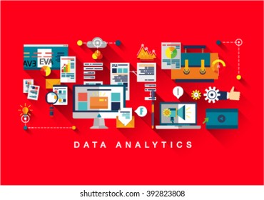 One page Data Analytics web design template with flat and line icons of business data analytics, finance statistics, web search analysis, database research. Flat concept design website elements layout