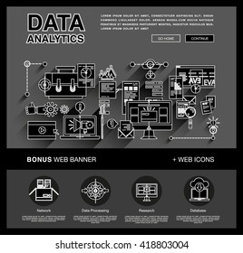 One page Data Analytics web design template with flat and line icons of business data analytics, finance statistics, web search analysis, database research. Flat concept design website elements layout