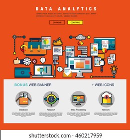 One page Data Analytics web design template with flat and line icons of business data analytics, finance statistics, web search analysis, database research. Flat concept design website elements layout