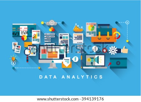 One page Data Analytics web design template with flat and line icons of business data analytics, finance statistics, web search analysis, database research. Flat concept design website elements layout